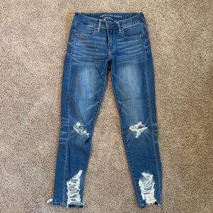 American Eagle Outfitters Women's Dark Blue Ripped Skinny Jeans